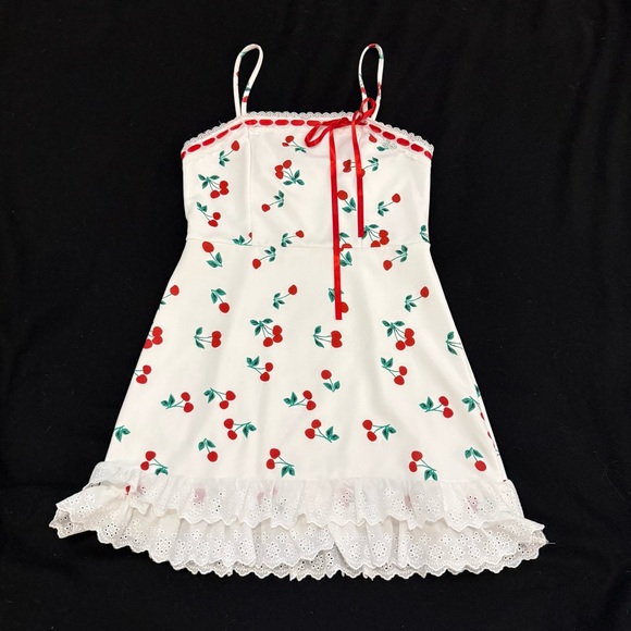 Cherry Print White Dress with Lace Hem - Picture 1 of 4